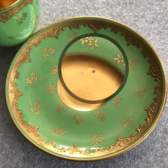 Coalport England Green Gold Gilt Embossed Trim Floral Demitasse Cup & Saucer Set - Picture 12 of 16